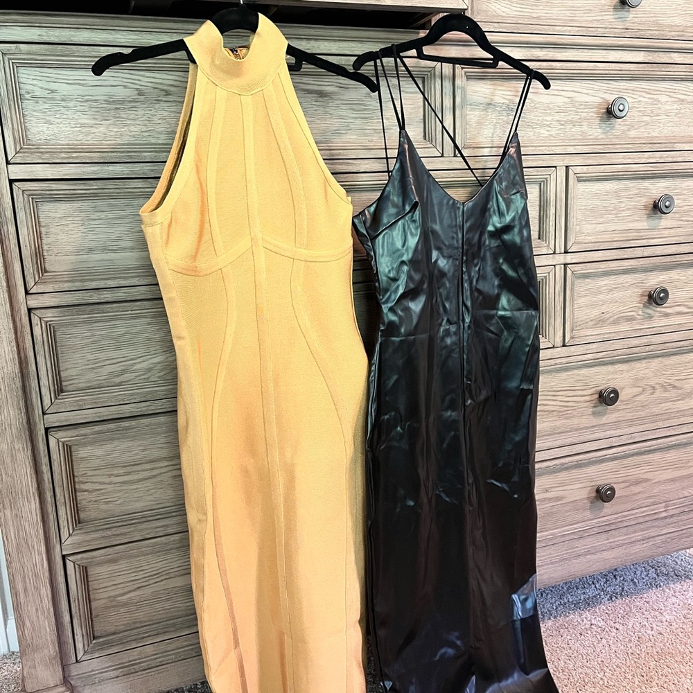 Two XL Dresses/ Bandage Mustard and Black Faux Leather Midi